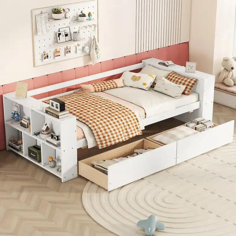 Twin Size Daybed with Side Shelves and 2 Under-Bed Drawers - Grey