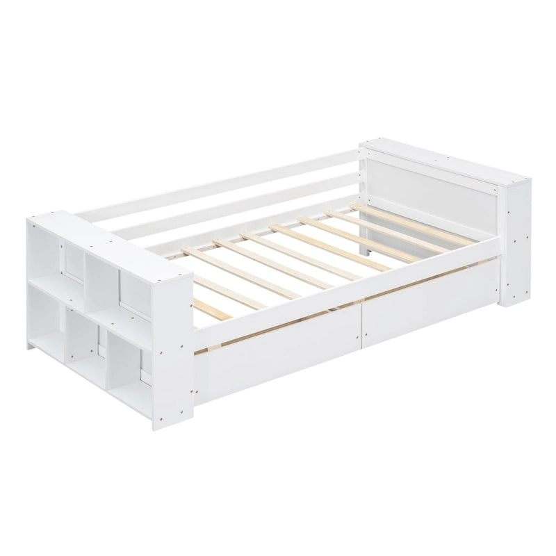 Twin Size Daybed with Side Shelves and 2 Under-Bed Drawers - Grey
