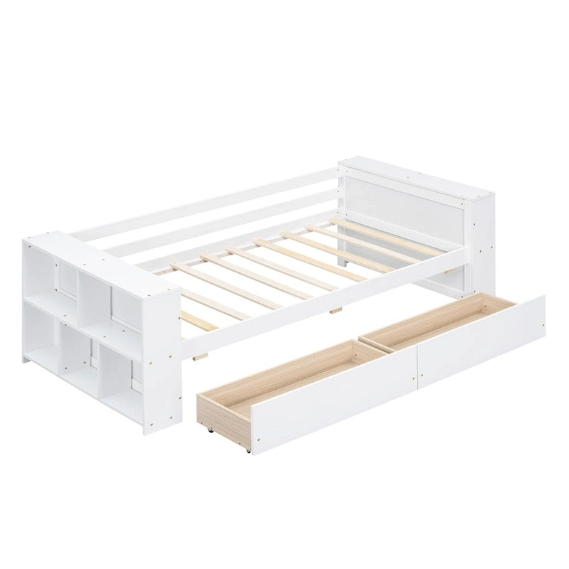Twin Size Daybed with Side Shelves and 2 Under-Bed Drawers - Grey