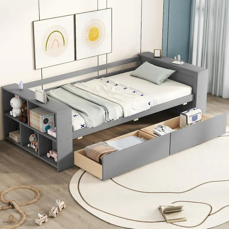 Twin Size Daybed with Side Shelves and 2 Under-Bed Drawers - Grey