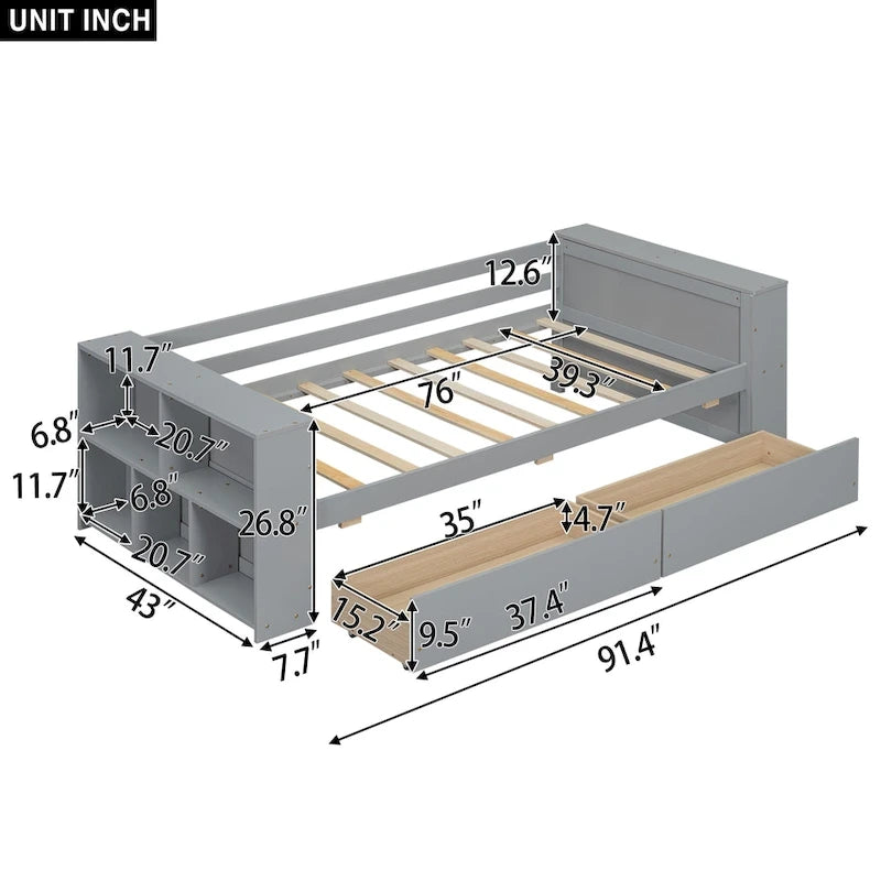 Twin Size Daybed with Side Shelves and 2 Under-Bed Drawers - Grey