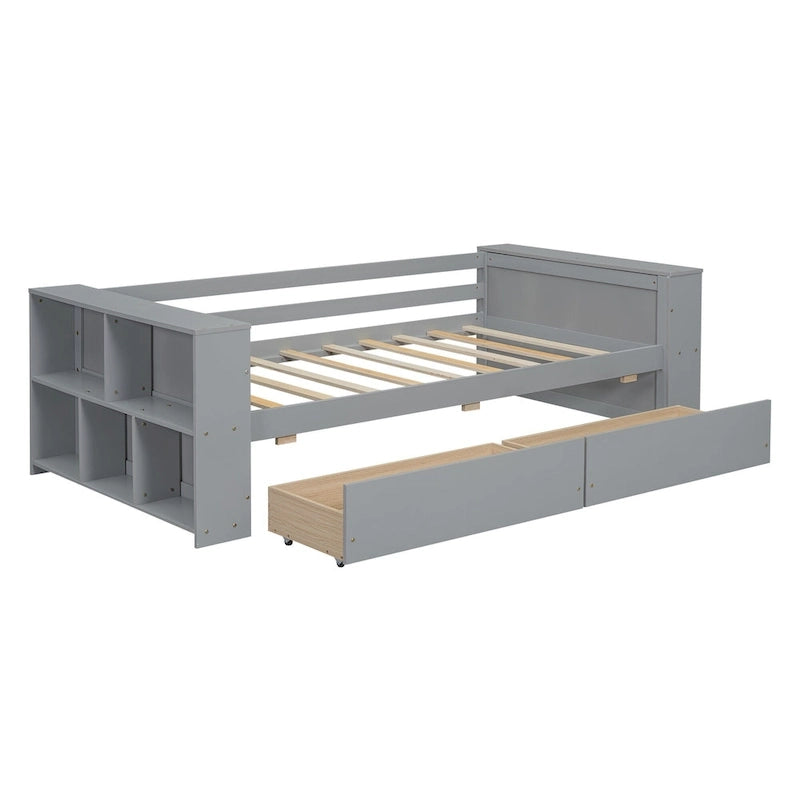 Twin Size Daybed with Side Shelves and 2 Under-Bed Drawers - Grey