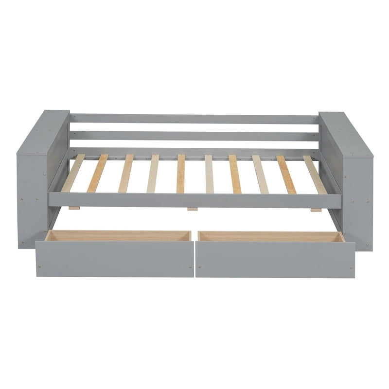 Twin Size Daybed with Side Shelves and 2 Under-Bed Drawers - Grey