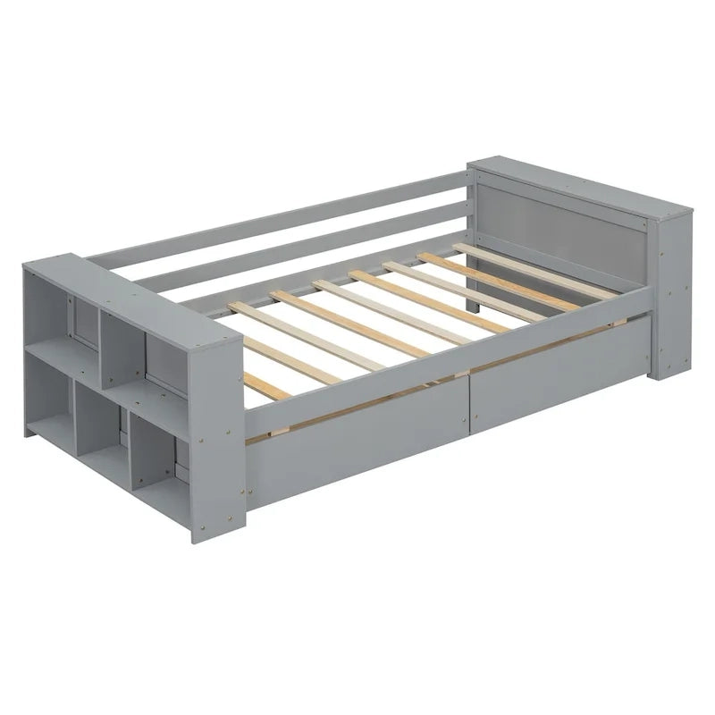 Twin Size Daybed with Side Shelves and 2 Under-Bed Drawers - Grey
