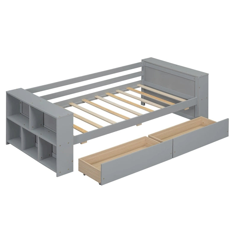 Twin Size Daybed with Side Shelves and 2 Under-Bed Drawers - Grey