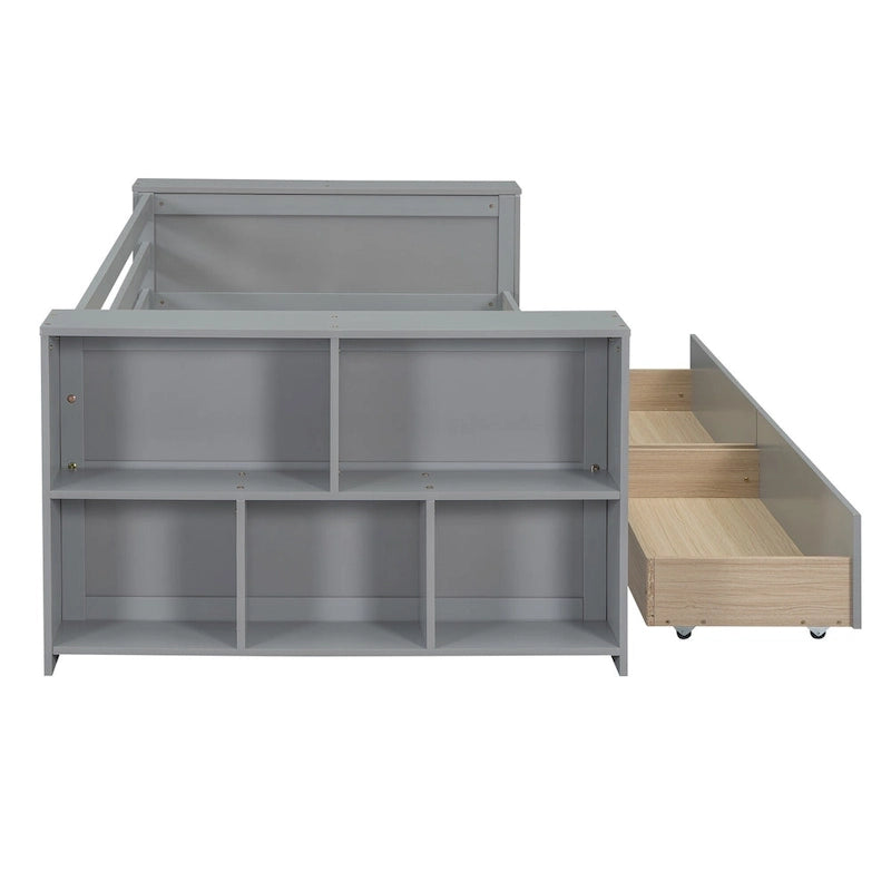 Twin Size Daybed with Side Shelves and 2 Under-Bed Drawers - Grey
