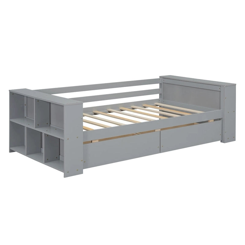 Twin Size Daybed with Side Shelves and 2 Under-Bed Drawers - Grey
