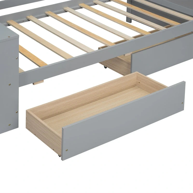 Twin Size Daybed with Side Shelves and 2 Under-Bed Drawers - Grey