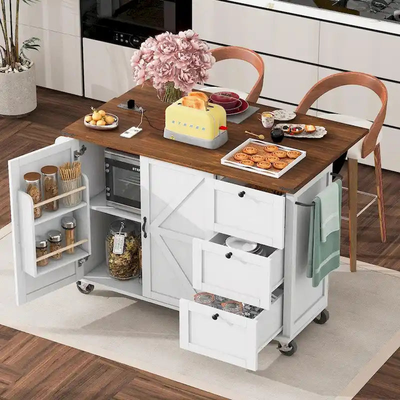 Large Rolling Kitchen Island with Barn Doors, Drop Leaf and Built-In Power Strip