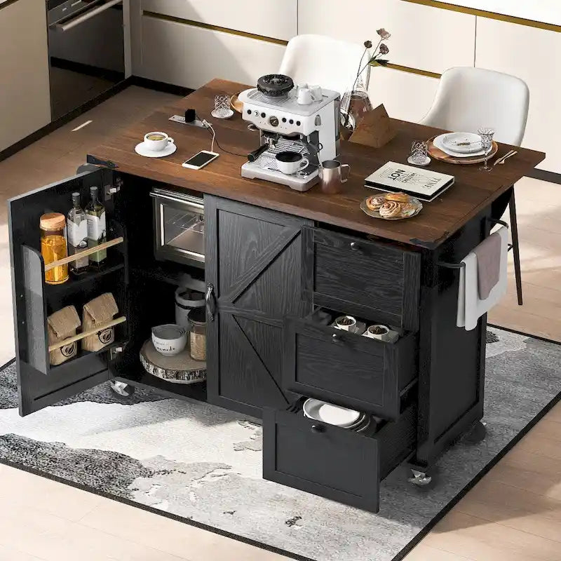 Large Rolling Kitchen Island with Barn Doors, Drop Leaf and Built-In Power Strip