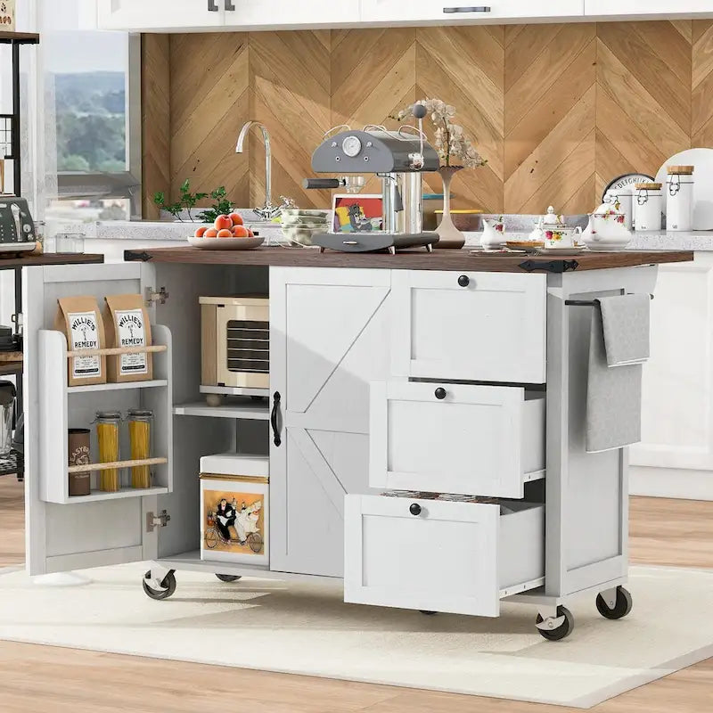 Large Rolling Kitchen Island with Barn Doors, Drop Leaf and Built-In Power Strip