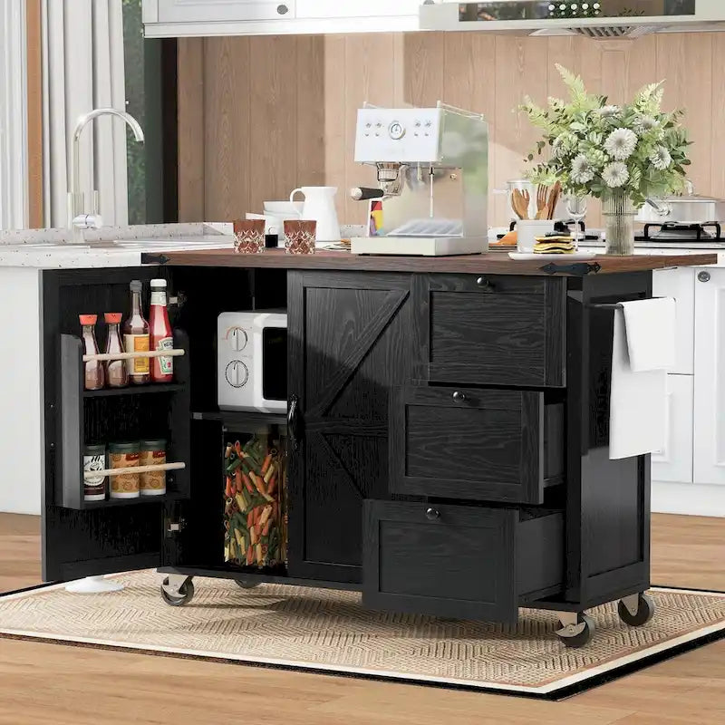 Large Rolling Kitchen Island with Barn Doors, Drop Leaf and Built-In Power Strip