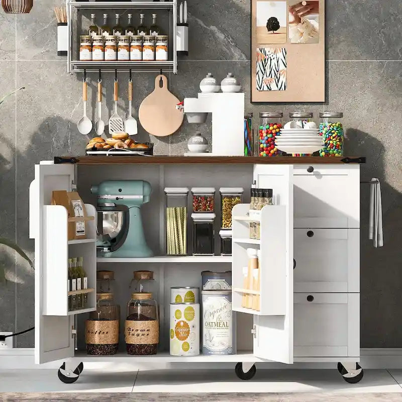 Large Rolling Kitchen Island with Barn Doors, Drop Leaf and Built-In Power Strip