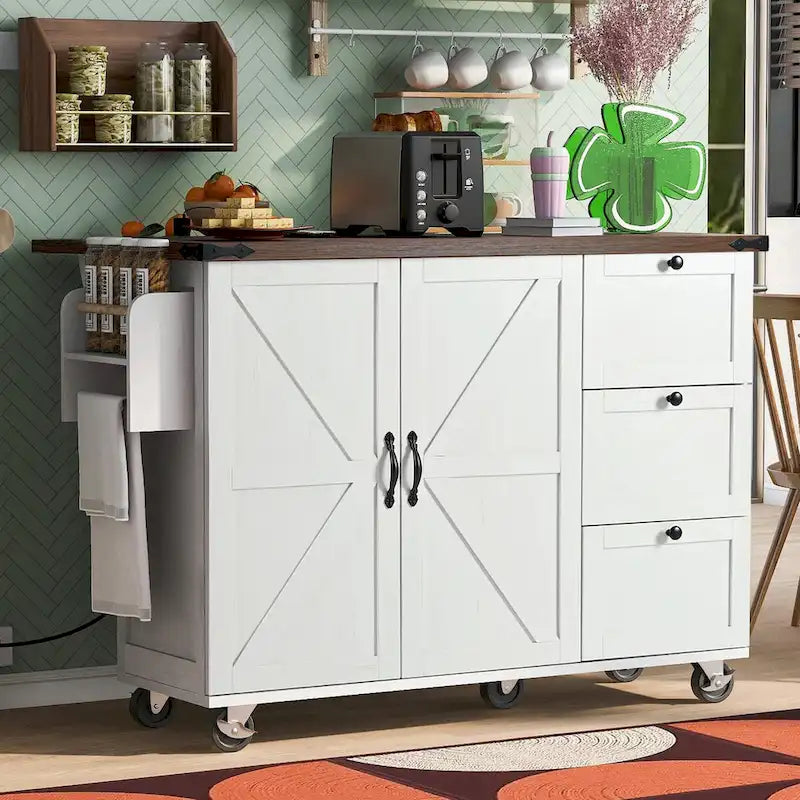 Large Rolling Kitchen Island with Barn Doors, Drop Leaf and Built-In Power Strip