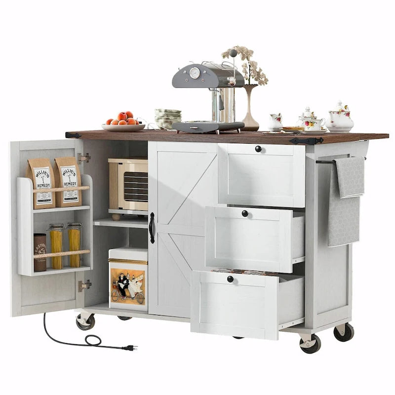 Large Rolling Kitchen Island with Barn Doors, Drop Leaf and Built-In Power Strip