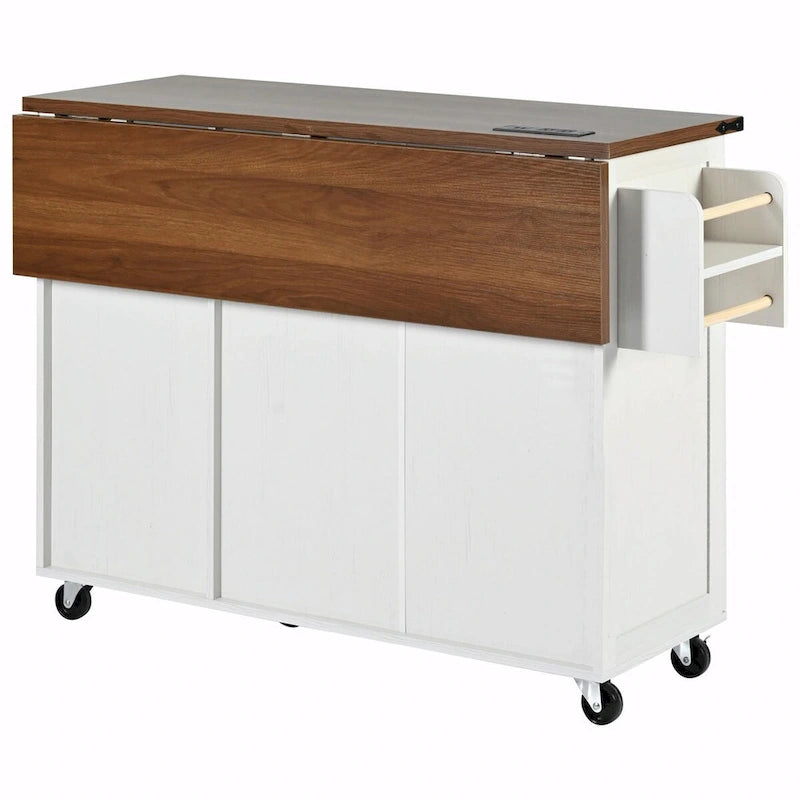 Large Rolling Kitchen Island with Barn Doors, Drop Leaf and Built-In Power Strip