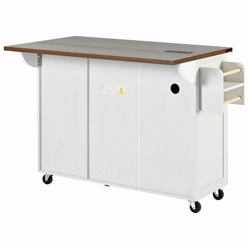 Large Rolling Kitchen Island with Barn Doors, Drop Leaf and Built-In Power Strip