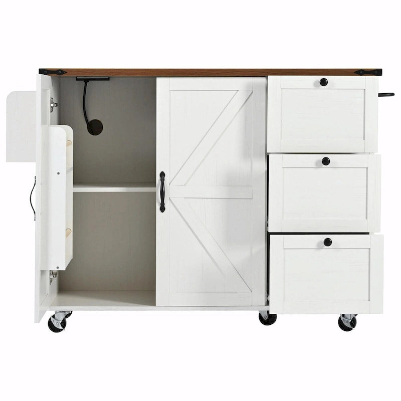 Large Rolling Kitchen Island with Barn Doors, Drop Leaf and Built-In Power Strip