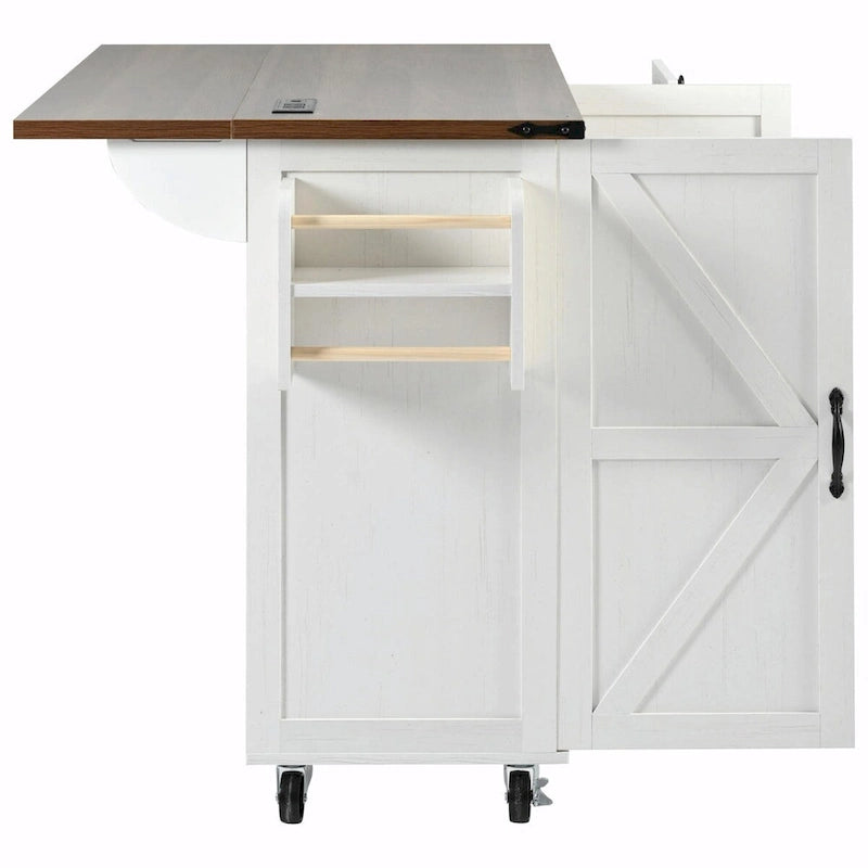 Large Rolling Kitchen Island with Barn Doors, Drop Leaf and Built-In Power Strip