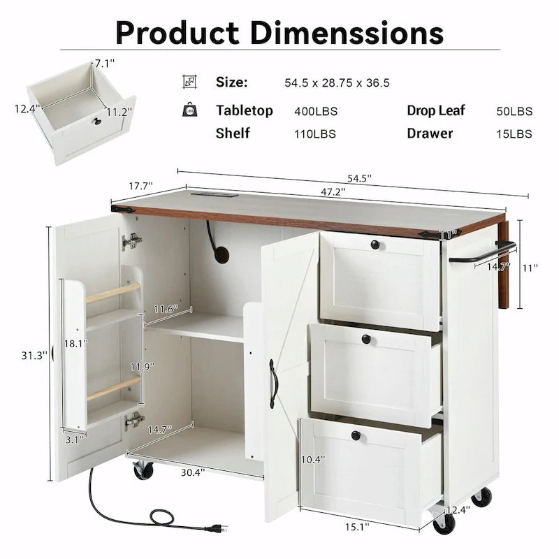 Large Rolling Kitchen Island with Barn Doors, Drop Leaf and Built-In Power Strip