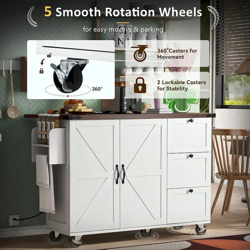 Large Rolling Kitchen Island with Barn Doors, Drop Leaf and Built-In Power Strip