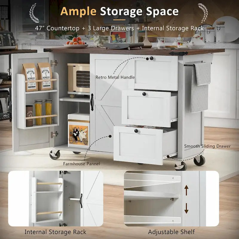 Large Rolling Kitchen Island with Barn Doors, Drop Leaf and Built-In Power Strip