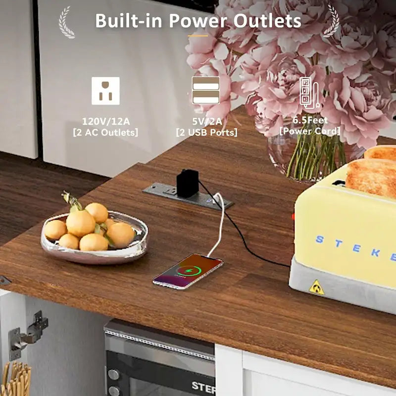 Large Rolling Kitchen Island with Barn Doors, Drop Leaf and Built-In Power Strip
