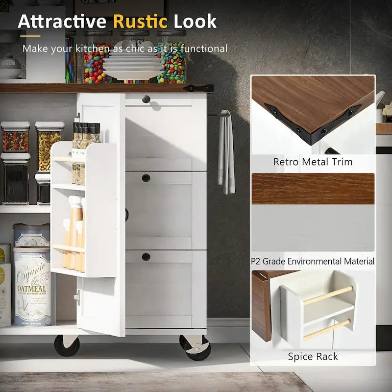 Large Rolling Kitchen Island with Barn Doors, Drop Leaf and Built-In Power Strip