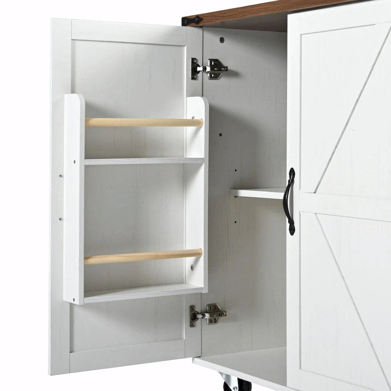 Large Rolling Kitchen Island with Barn Doors, Drop Leaf and Built-In Power Strip