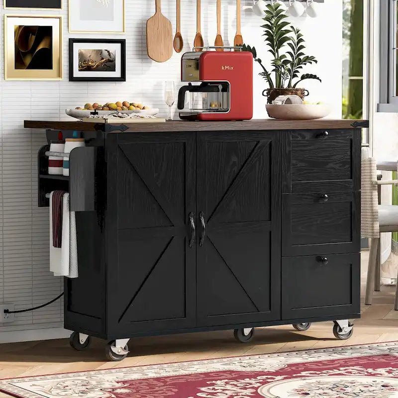 Large Rolling Kitchen Island with Barn Doors, Drop Leaf and Built-In Power Strip