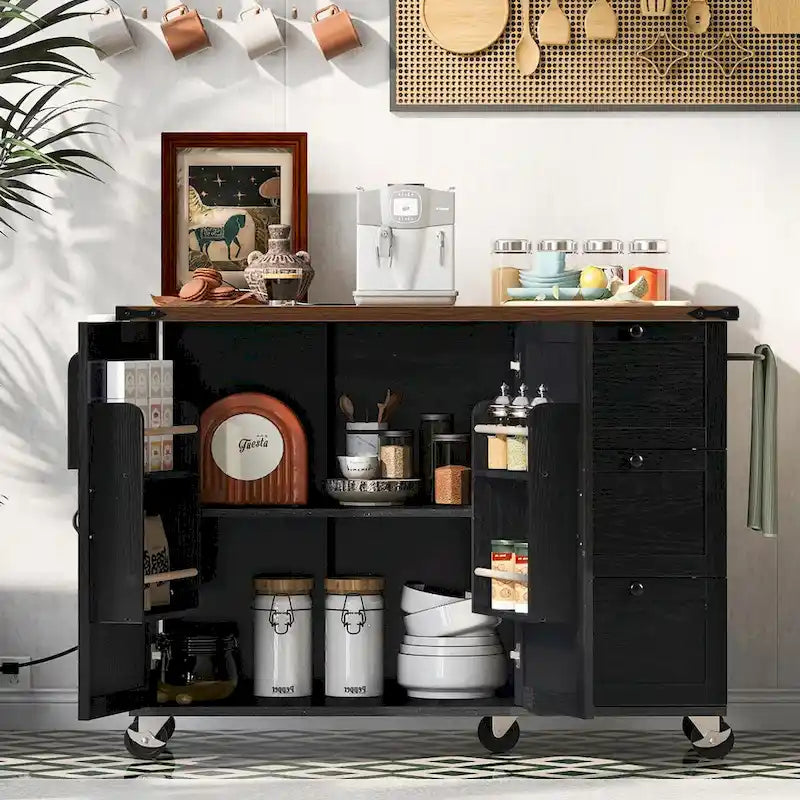 Large Rolling Kitchen Island with Barn Doors, Drop Leaf and Built-In Power Strip