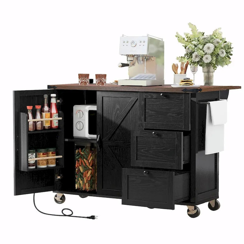 Large Rolling Kitchen Island with Barn Doors, Drop Leaf and Built-In Power Strip