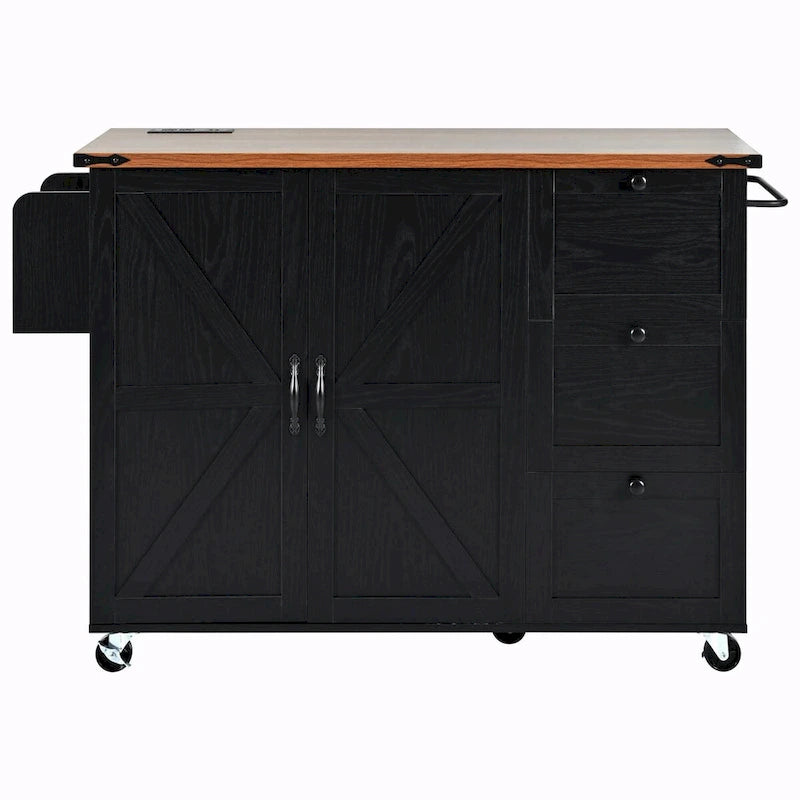 Large Rolling Kitchen Island with Barn Doors, Drop Leaf and Built-In Power Strip