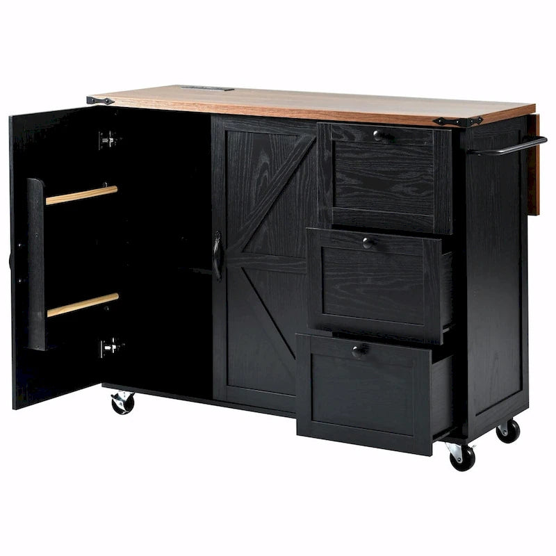 Large Rolling Kitchen Island with Barn Doors, Drop Leaf and Built-In Power Strip