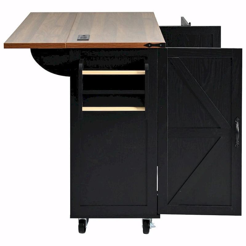 Large Rolling Kitchen Island with Barn Doors, Drop Leaf and Built-In Power Strip
