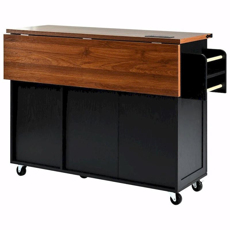 Large Rolling Kitchen Island with Barn Doors, Drop Leaf and Built-In Power Strip