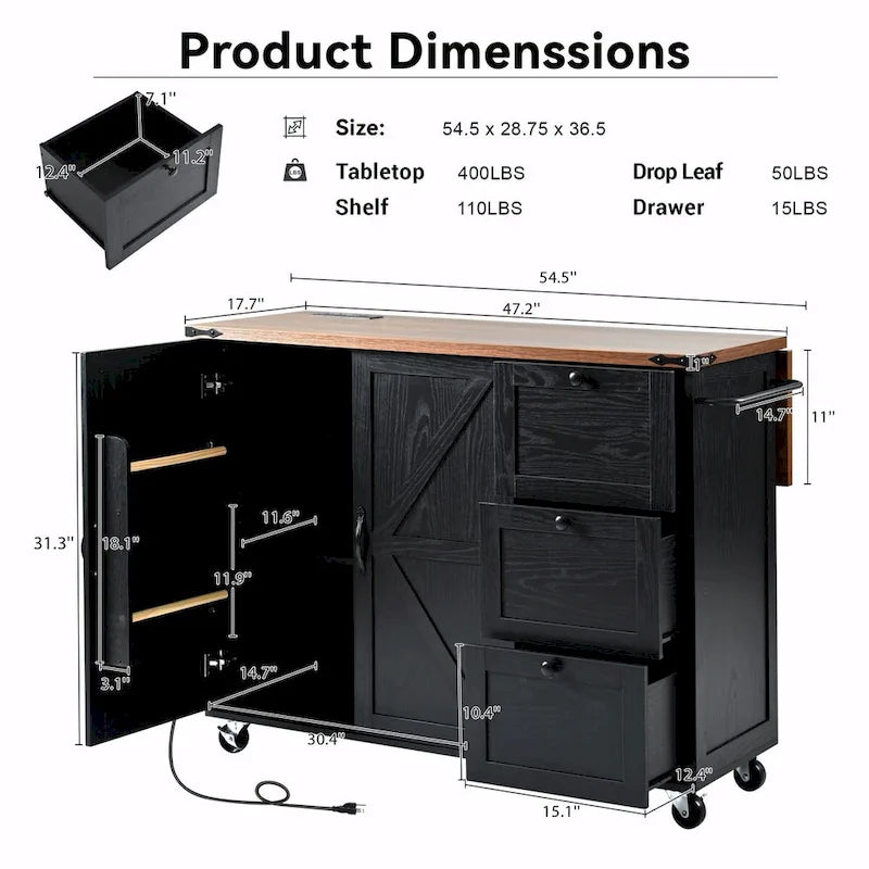 Large Rolling Kitchen Island with Barn Doors, Drop Leaf and Built-In Power Strip