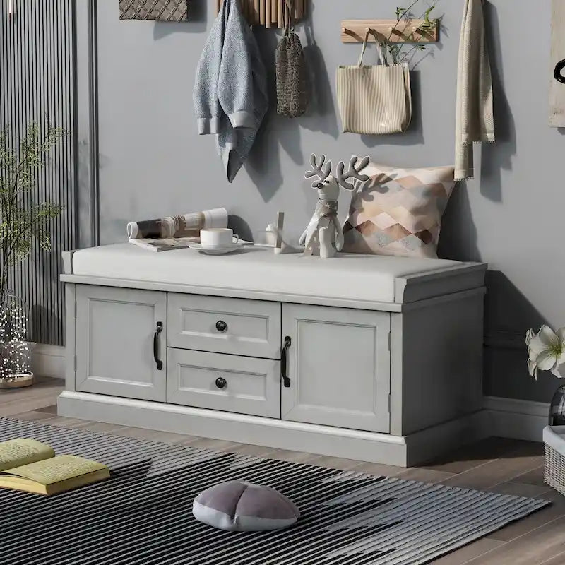 Entryway Storage Bench with 2 Drawers, 2 Cabinet Doors, and Removable Velvet Cushion - 42.5W x 15.9D x 17.5H