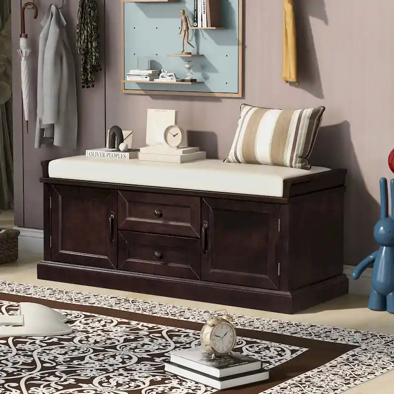 Entryway Storage Bench with 2 Drawers, 2 Cabinet Doors, and Removable Velvet Cushion - 42.5W x 15.9D x 17.5H