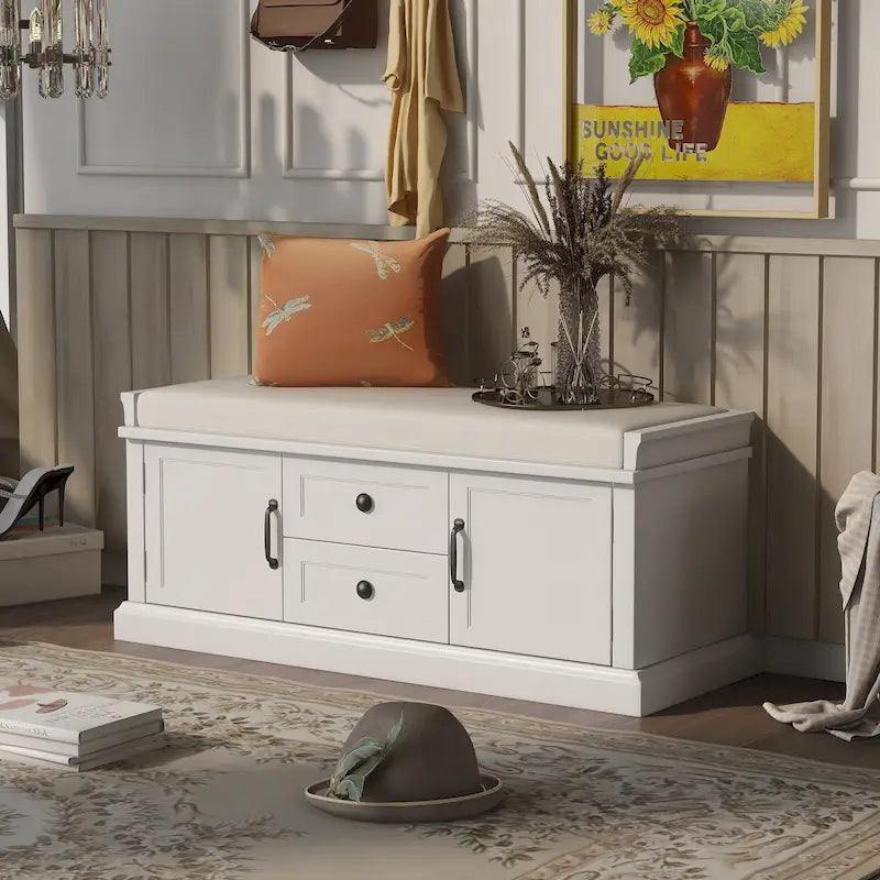 Entryway Storage Bench with 2 Drawers, 2 Cabinet Doors, and Removable Velvet Cushion - 42.5W x 15.9D x 17.5H