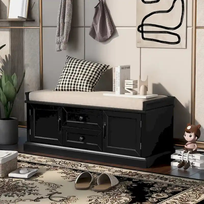 Entryway Storage Bench with 2 Drawers, 2 Cabinet Doors, and Removable Velvet Cushion - 42.5W x 15.9D x 17.5H