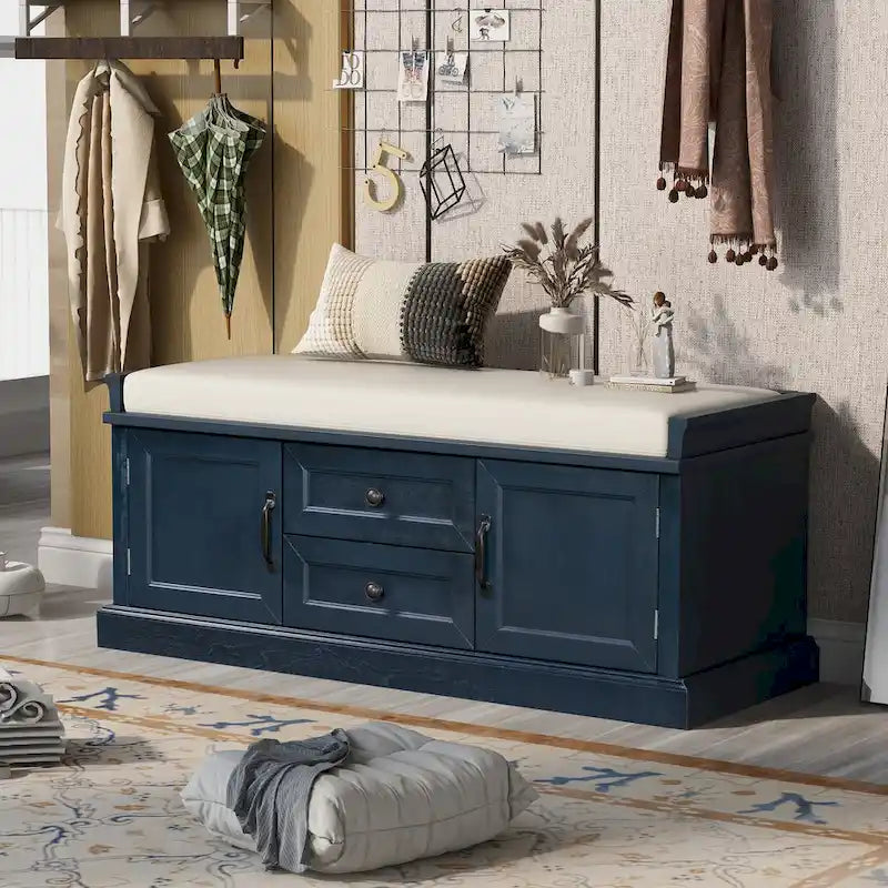 Entryway Storage Bench with 2 Drawers, 2 Cabinet Doors, and Removable Velvet Cushion - 42.5W x 15.9D x 17.5H