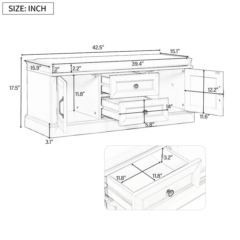Entryway Storage Bench with 2 Drawers, 2 Cabinet Doors, and Removable Velvet Cushion - 42.5W x 15.9D x 17.5H