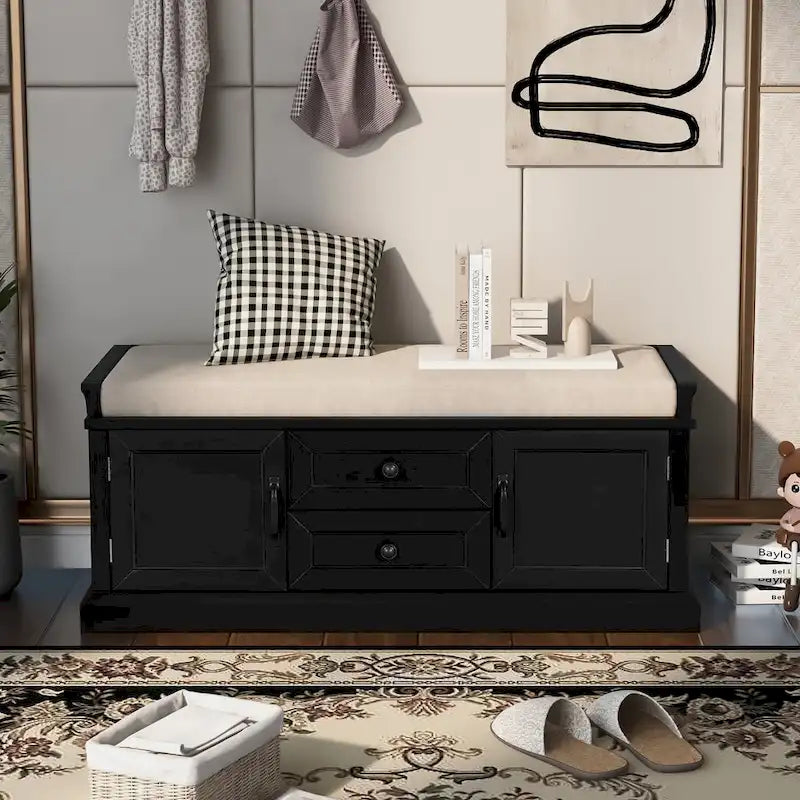 Entryway Storage Bench with 2 Drawers, 2 Cabinet Doors, and Removable Velvet Cushion - 42.5W x 15.9D x 17.5H