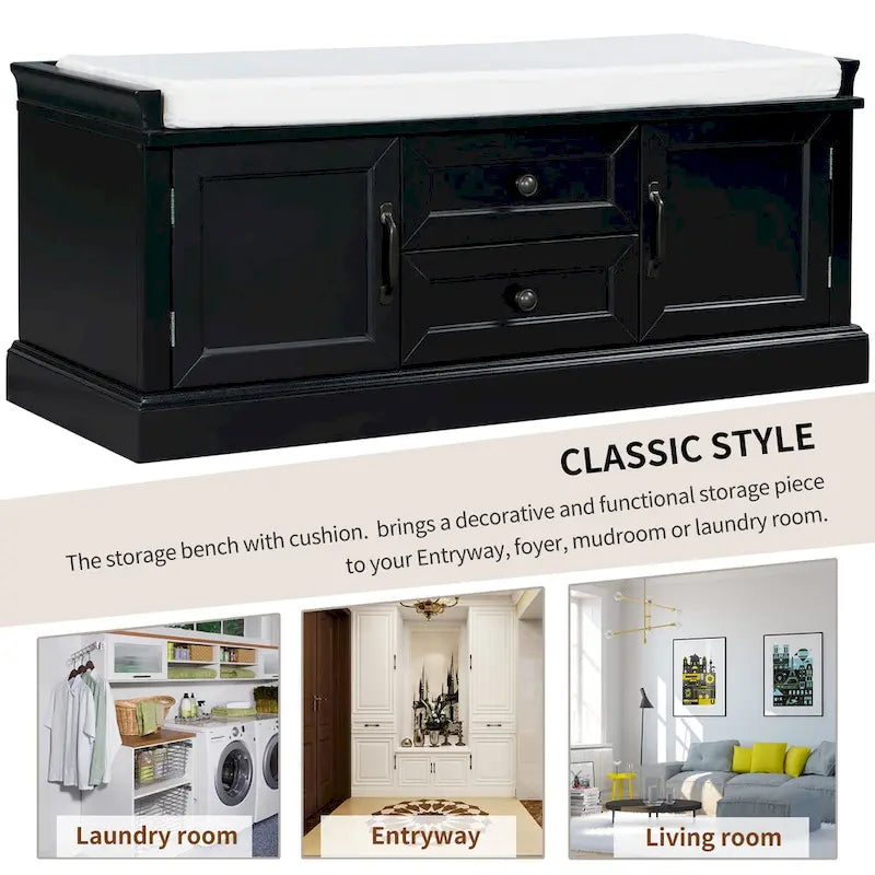 Entryway Storage Bench with 2 Drawers, 2 Cabinet Doors, and Removable Velvet Cushion - 42.5W x 15.9D x 17.5H