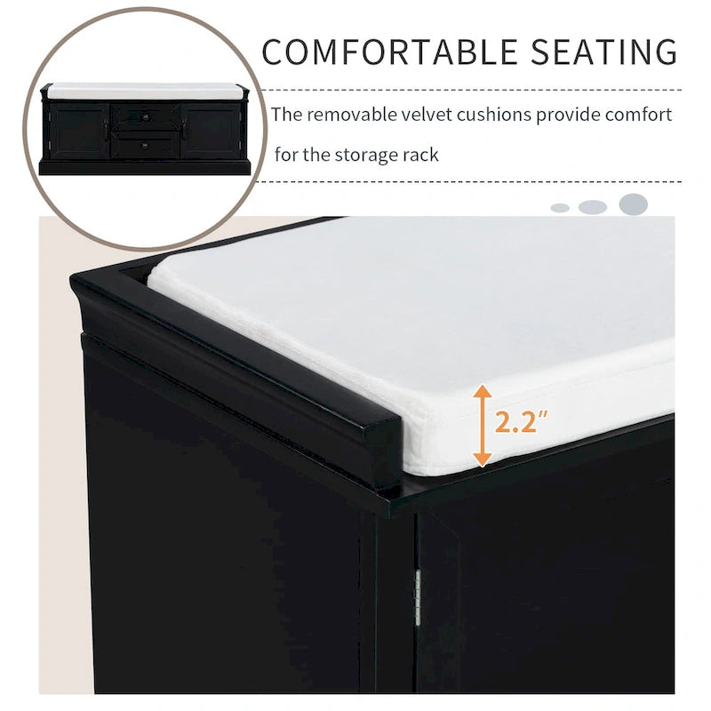 Entryway Storage Bench with 2 Drawers, 2 Cabinet Doors, and Removable Velvet Cushion - 42.5W x 15.9D x 17.5H