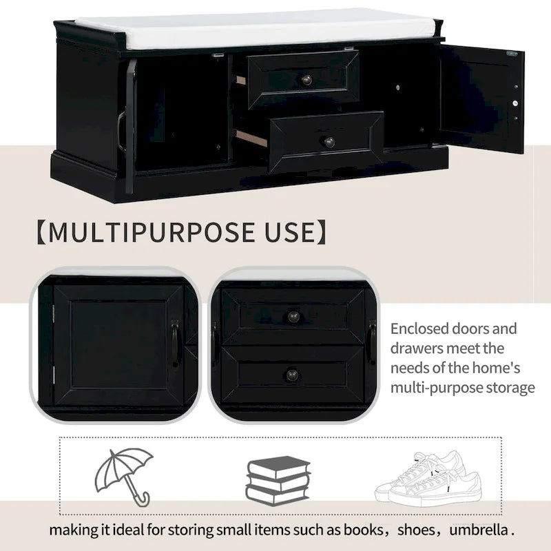 Entryway Storage Bench with 2 Drawers, 2 Cabinet Doors, and Removable Velvet Cushion - 42.5W x 15.9D x 17.5H