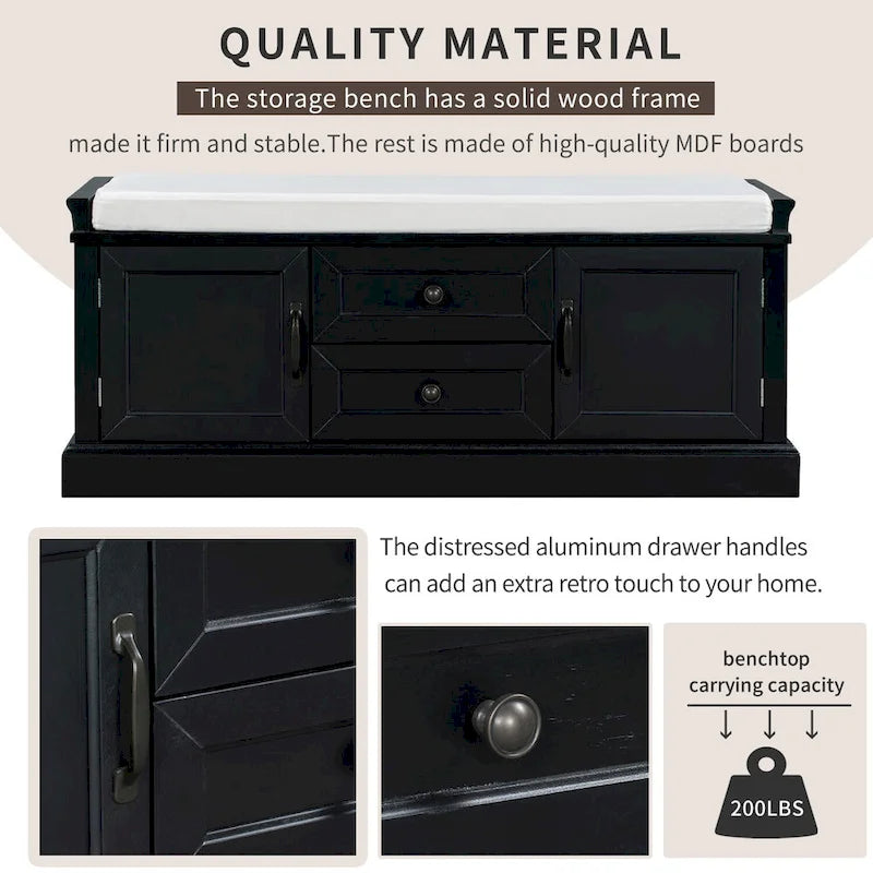 Entryway Storage Bench with 2 Drawers, 2 Cabinet Doors, and Removable Velvet Cushion - 42.5W x 15.9D x 17.5H