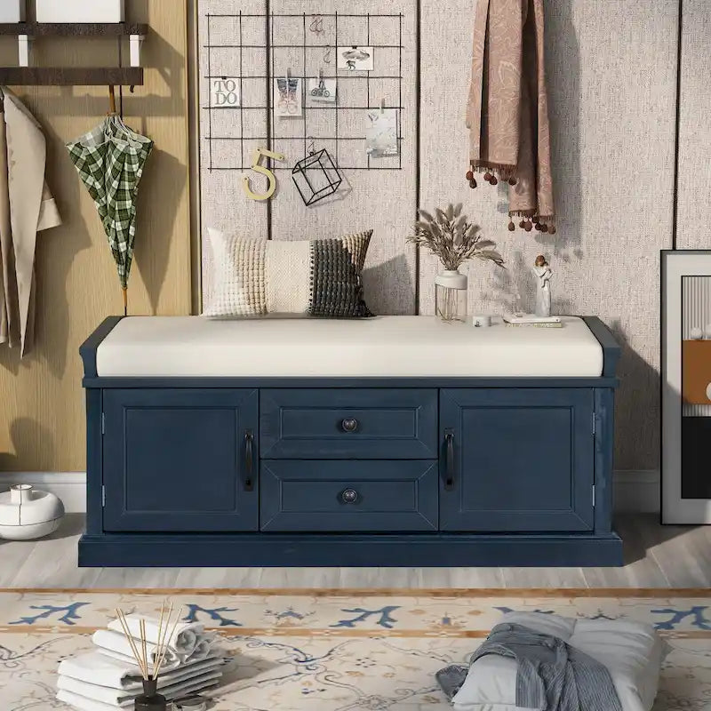 Entryway Storage Bench with 2 Drawers, 2 Cabinet Doors, and Removable Velvet Cushion - 42.5W x 15.9D x 17.5H