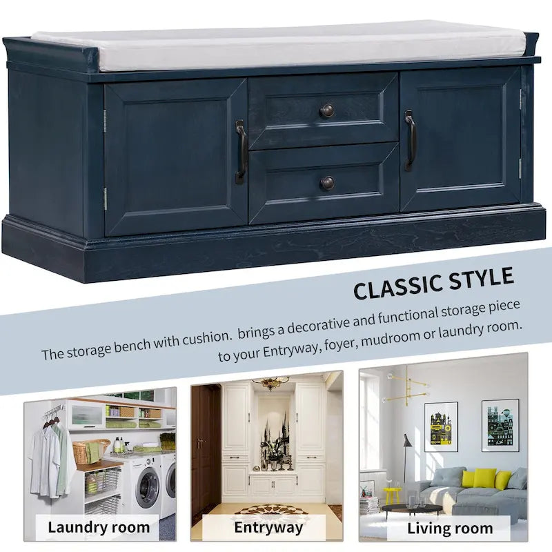 Entryway Storage Bench with 2 Drawers, 2 Cabinet Doors, and Removable Velvet Cushion - 42.5W x 15.9D x 17.5H
